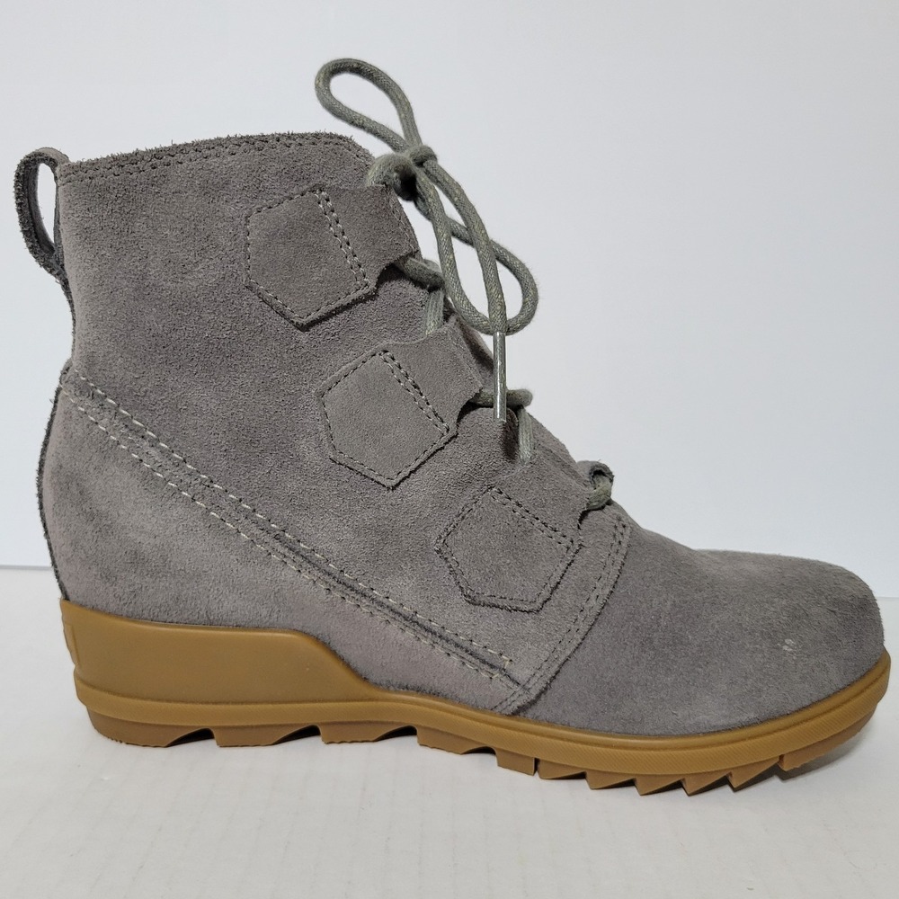 Sorel Evie Lace Wedge Bootie Boots Women Size 8 Gray Suede Leather Ankle - Picture 4 of 8